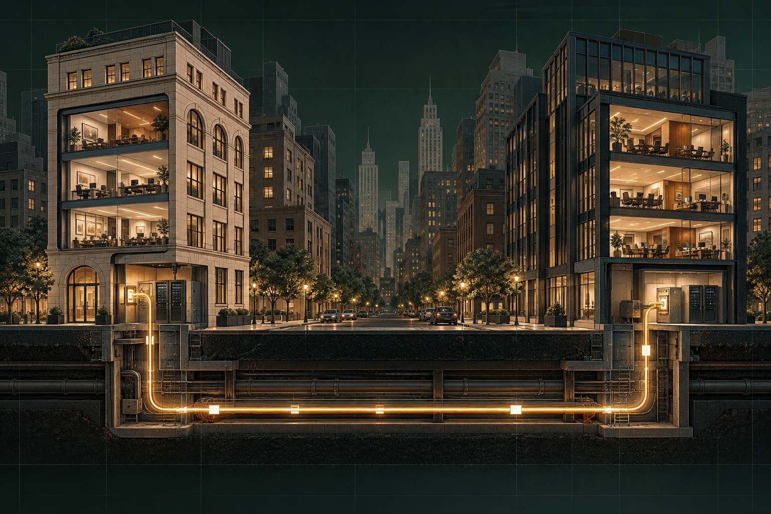 Conceptual cutaway of two office buildings linked by an illuminated fiber path beneath the street.